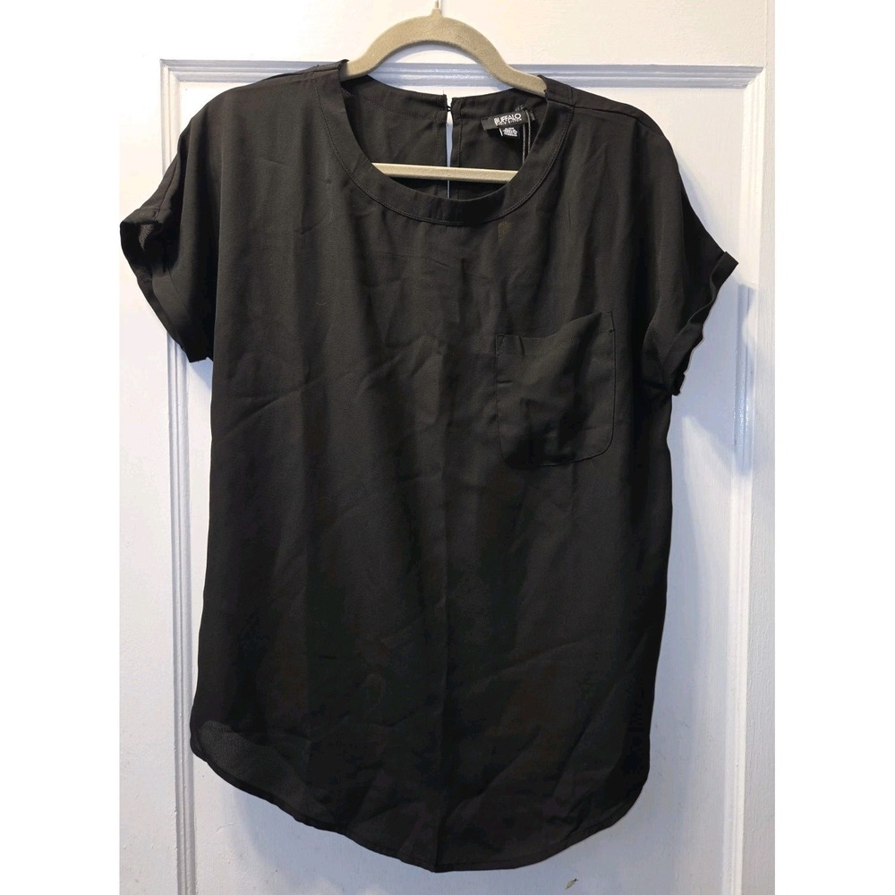 Buffalo David Bitton Women's S Woven Black Blouse Patch Pocket Keyhole